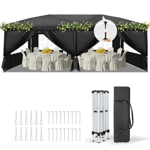 10' x20' Instant Pop Up Canopy Tent Black, 6 Panels 2 Doors 4 Mesh Windows, 28 And 22mm Powder Coated Steel Frame - view 3