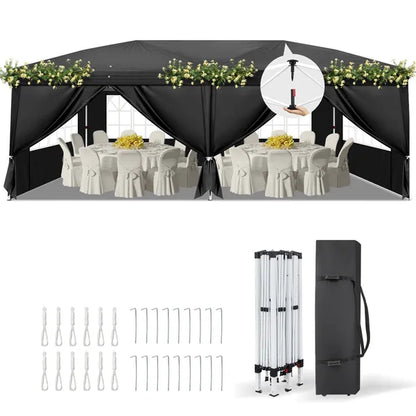 10' x20' Instant Pop Up Canopy Tent Black, 6 Panels 2 Doors 4 Mesh Windows, 28 And 22mm Powder Coated Steel Frame - view 3