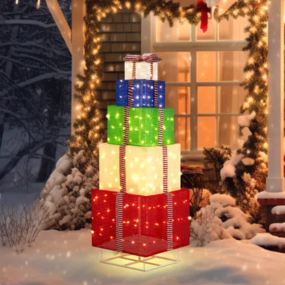 6FT Lighted Gift Box Tower, Pre-lit Pull Up Present Boxes with 200 LED Warm White Lights and Ropes Stakes for Christmas - view 7