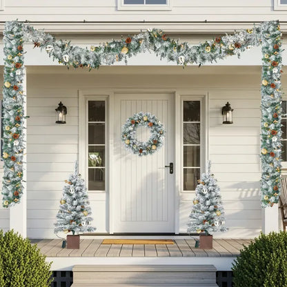 Pre-lit Holiday Christmas 4-Piece Set, Christmas Garland, Wreath And Set Of 2 Entrance Trees With Warm White LED Lights - view 3