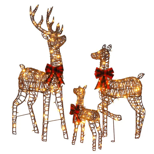 3-Piece Lighted Christmas Reindeer Family Set Outdoor Decorations, Weather Proof Rattan Deer Family Set Of 3 Christmas