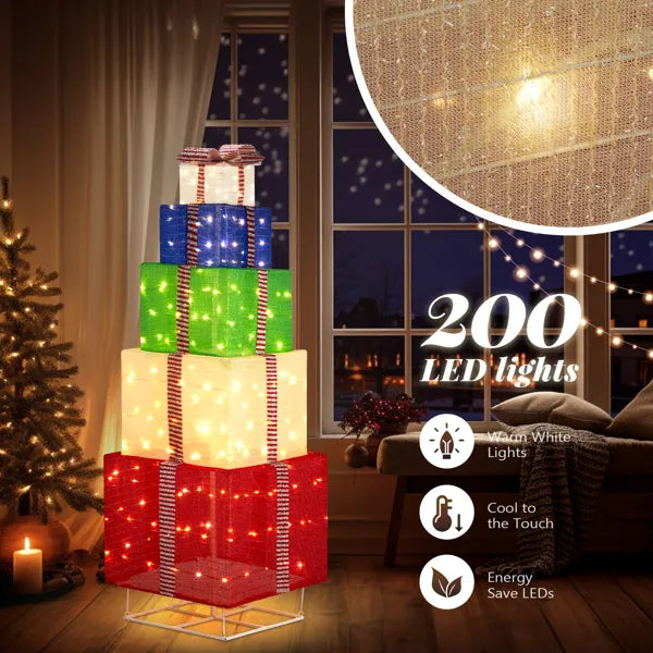 6FT Lighted Gift Box Tower, Pre-lit Pull Up Present Boxes with 200 LED Warm White Lights and Ropes Stakes for Christmas - view 3