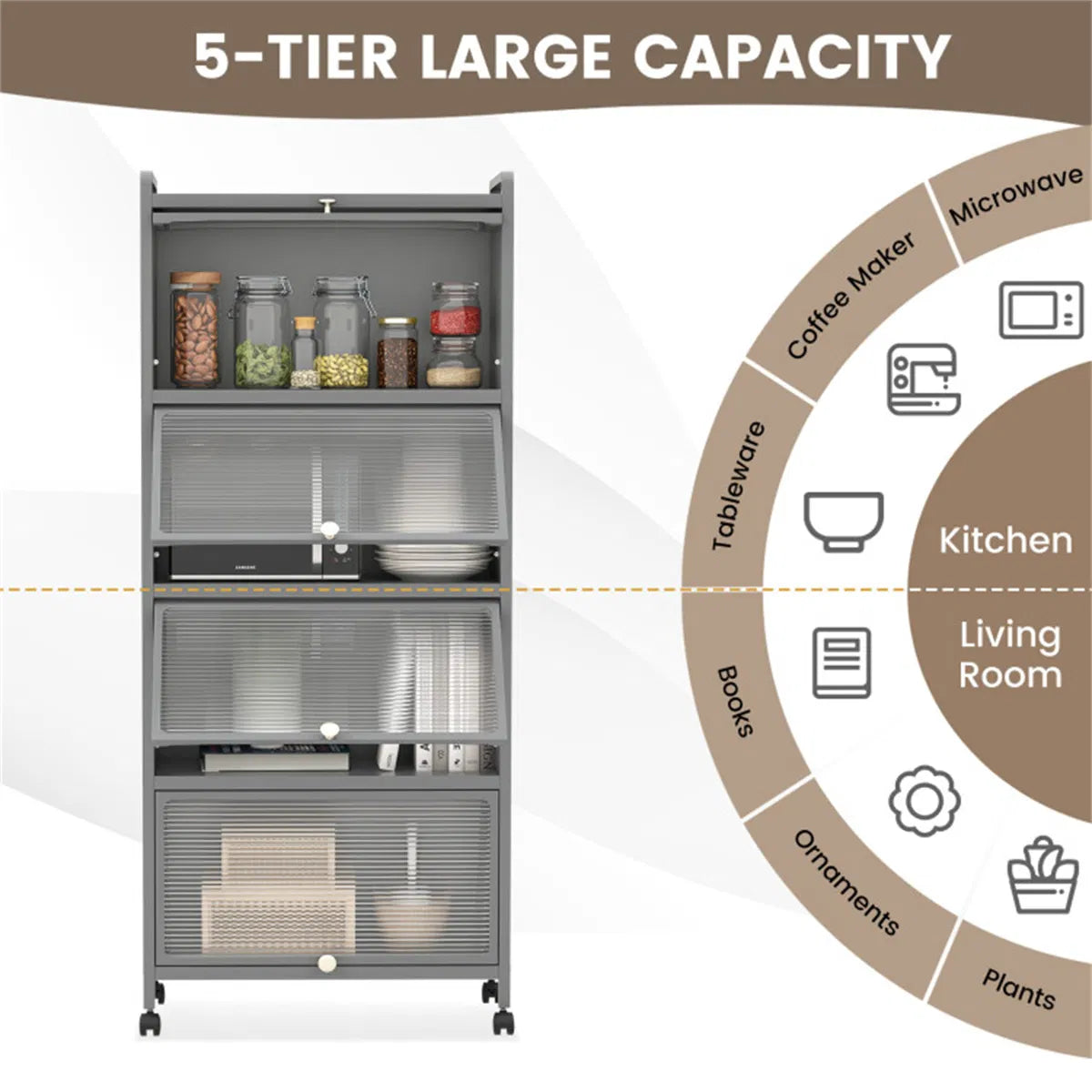 5-Tier Rolling Microwave Stand Flip Dust-Proof Doors 4 Casters with Brakes Kitchen Storage Rack Gray - view 8