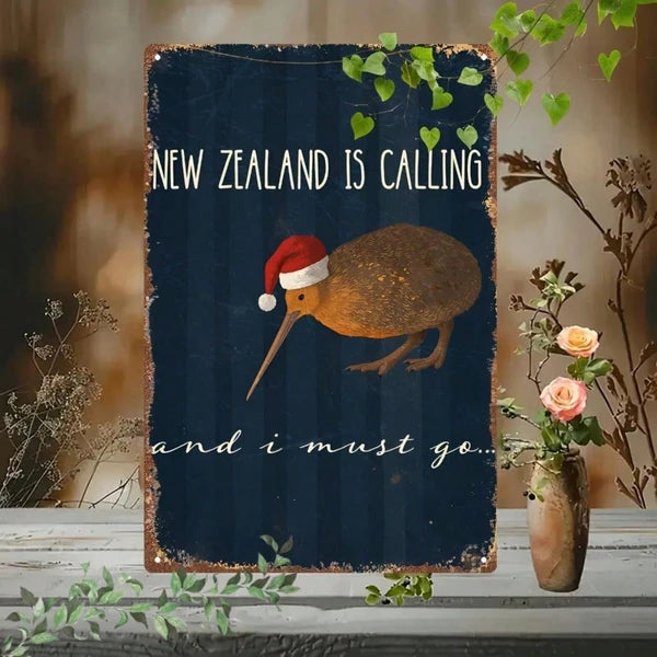 New Zealand Kiwi Metal Sign With Christmas Hat, Vintage 2D Flat Plaque Wall Art - view 5