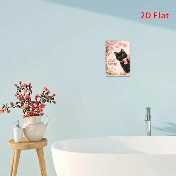 Hello Spring Cherry Blossom Black Cat Metal Plaque, Vintage 2D Flat Print Wall Art - view 3