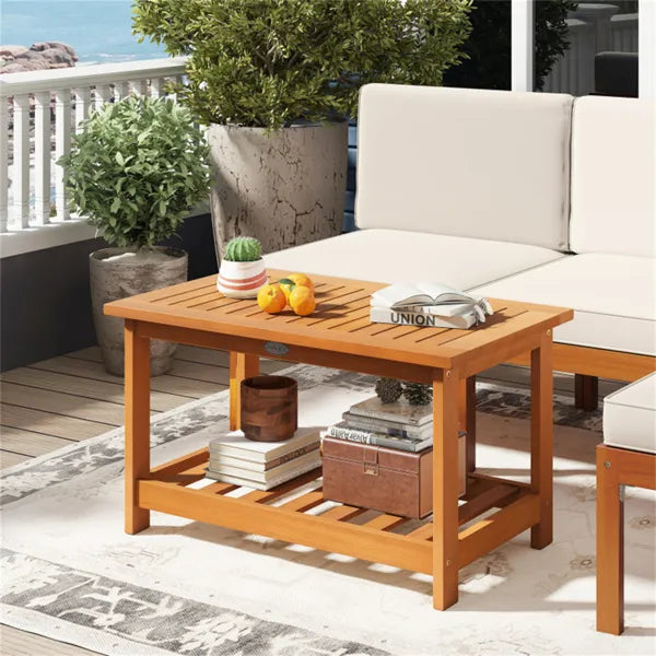 Sturdy Slatted Outdoor Coffee Table With Lower Shelf, Indoor Outdoor Multi-Purpose Center Table - view 2