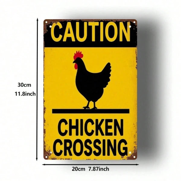 1PC 2D Flat Metal Sign, Yellow Background Black Rooster Chicken Crossing Warning Sign - view 2