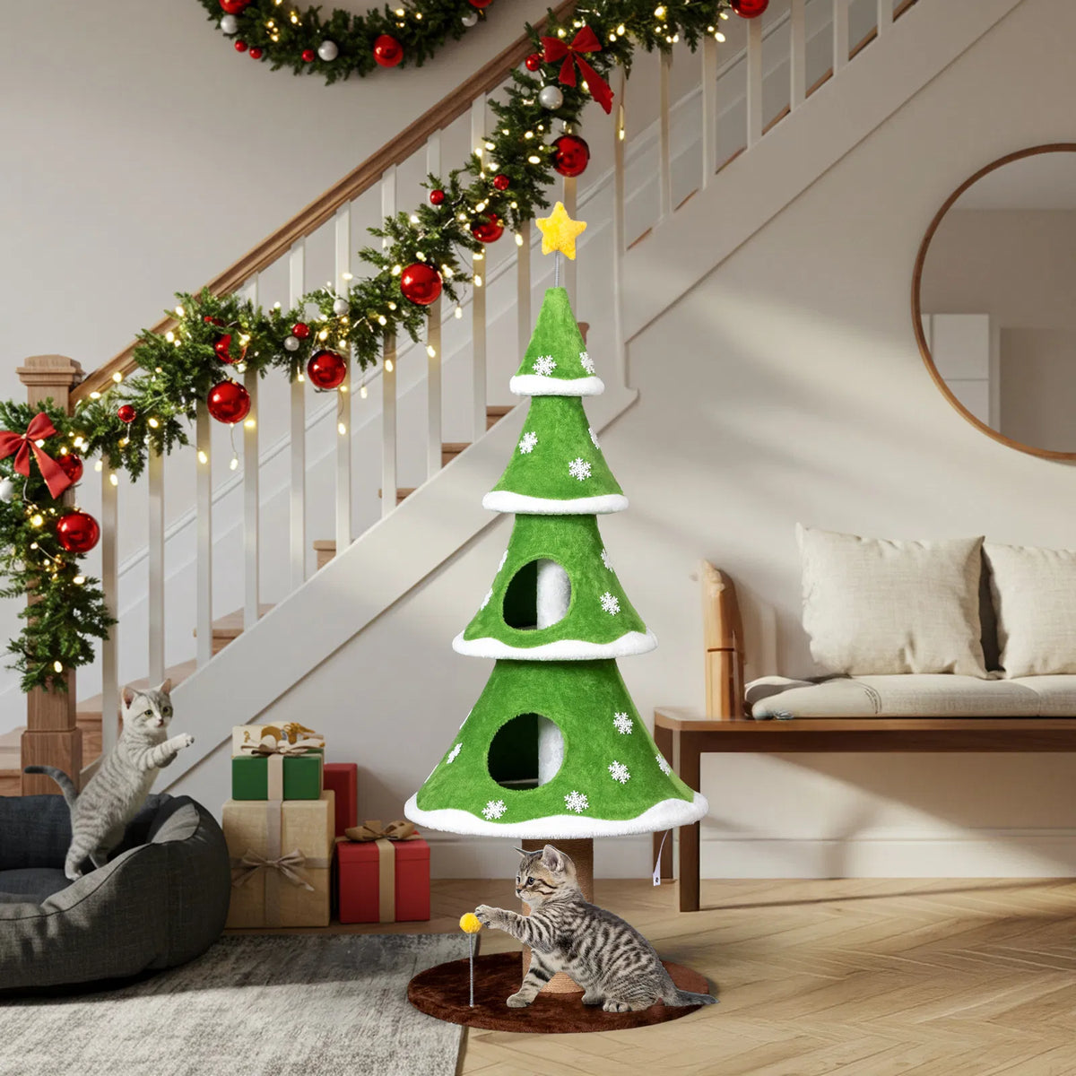 59in Large Tall Christmas Tree Cat Tower with 2 Cat Condos & Scratching Post - view 7