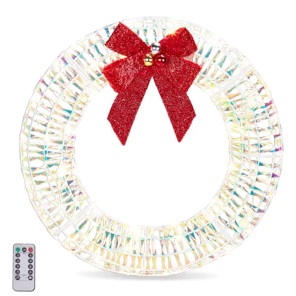 24in Pre-lit Iridescent Outdoor Christmas Wreath Decoration, Lighted Metal Wreath With Red Bow, Warm White LED Lights