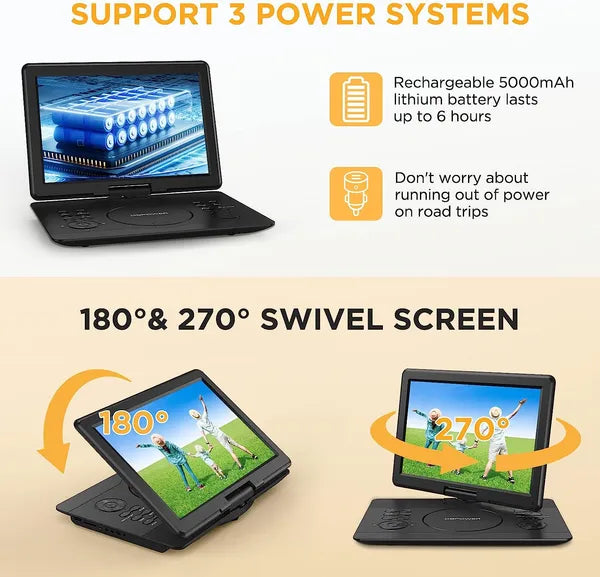 DBPOWER 16.9" Portable DVD Player With 14.1" HD Swivel Large Screen, Support DVD/USB/SD Card And Multiple Disc Formats - view 4