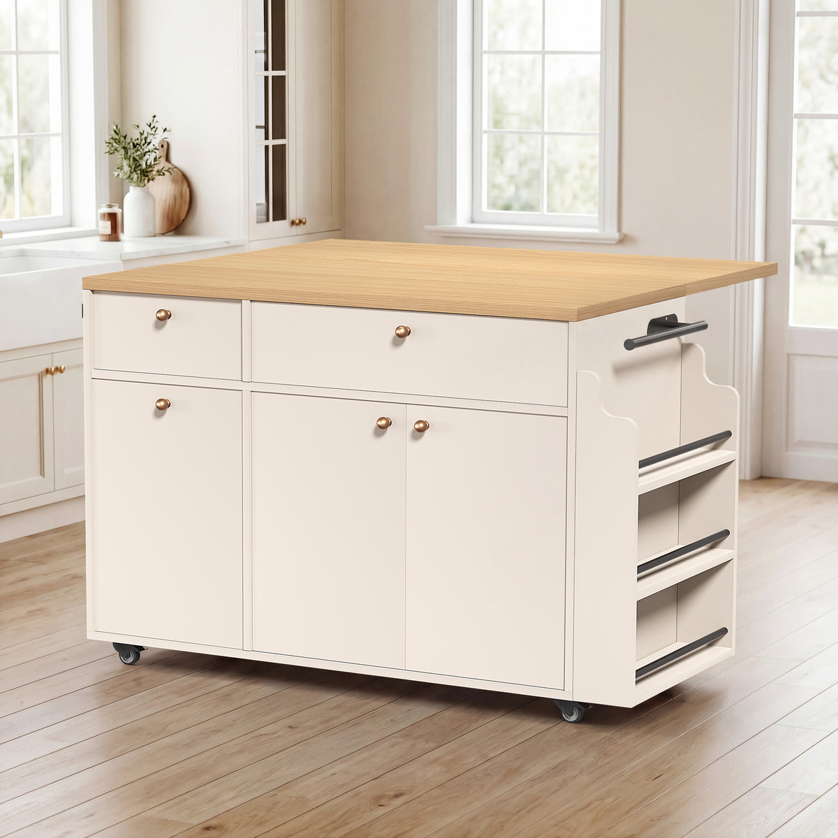 Kitchen Island With Storage Rolling Kitchen Island Cart With Drop Leaf Extension, Natural Wood Top, Drawers, Spice Rack