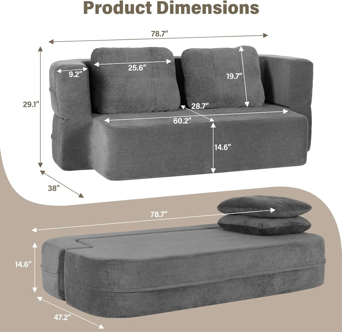Convertible Sofa Bed with Blanket, Boneless Cloud Couch Queen Scott Fabric for Living Room Bedroom - view 3