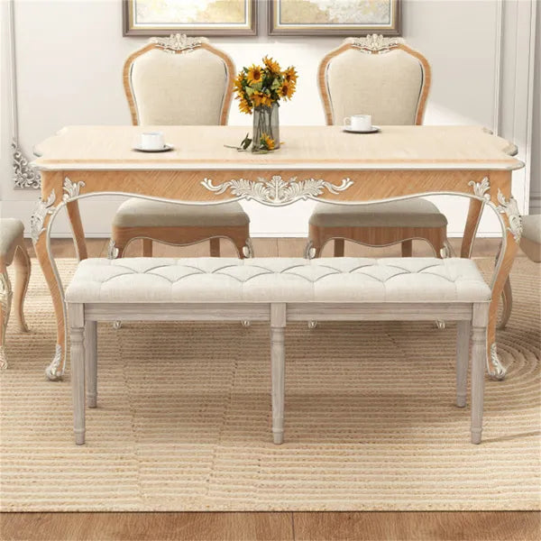 Beige 47.5" Rubber Wood Upholstered Bench With Button-Tufted Seat, 440 Lbs Capacity Retro Entryway Bedroom Bench - view 3