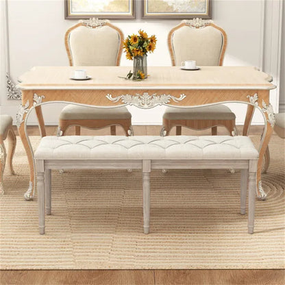 Beige 47.5" Rubber Wood Upholstered Bench With Button-Tufted Seat, 440 Lbs Capacity Retro Entryway Bedroom Bench - view 3