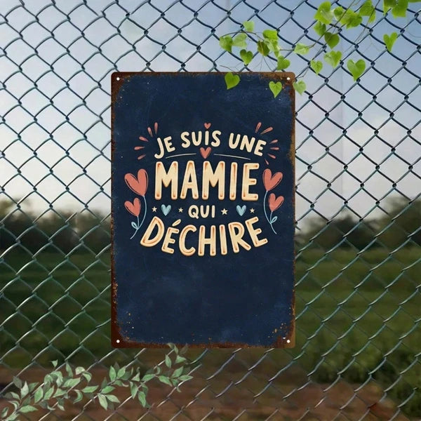 Vintage French Je Suis Une Super Grand-Mre Metal Sign, Retro Heart Pattern Tin Plaque - view 3