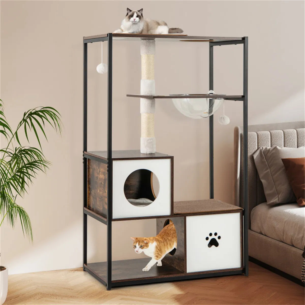 Stylish Wood-Metal Cat Tree - 33 lbs Per Layer Capacity, 2 Private Condos + 2 Relaxation Platforms - view 6