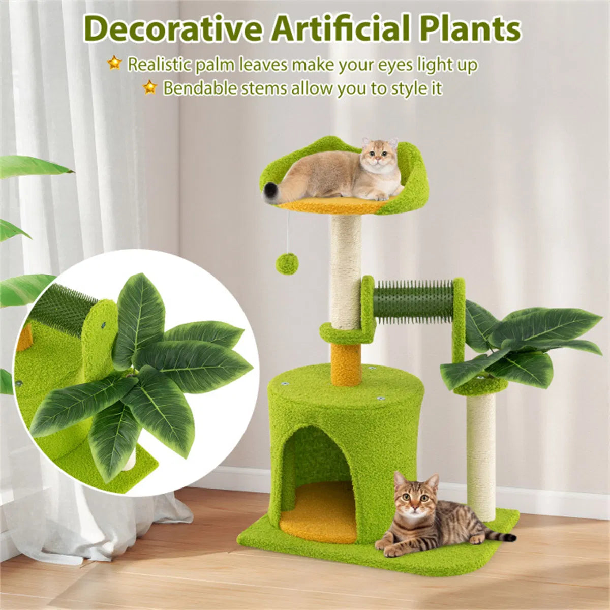 Cat Tree - 22LBS Capacity, Palm Tree Design with Self-Groomer & Scratching Posts - view 9