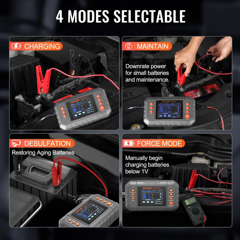 VEVOR Smart Battery Charger, 20-Amp, Lithium LiFePO4 Lead-Acid AGM Gel SLA Car Battery Charger With LCD Display - view 5