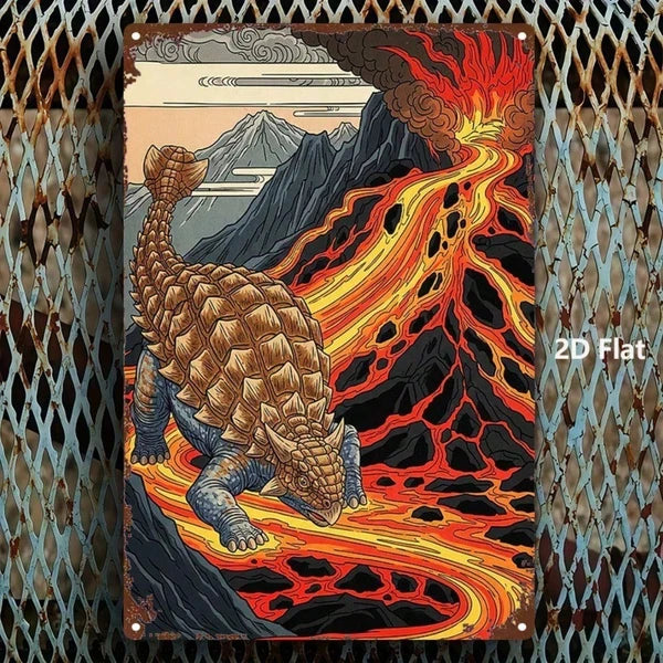 Vintage Ankylosaurus Metal Sign, Rustic Iron Wall Art With Volcanic Landscape - view 3