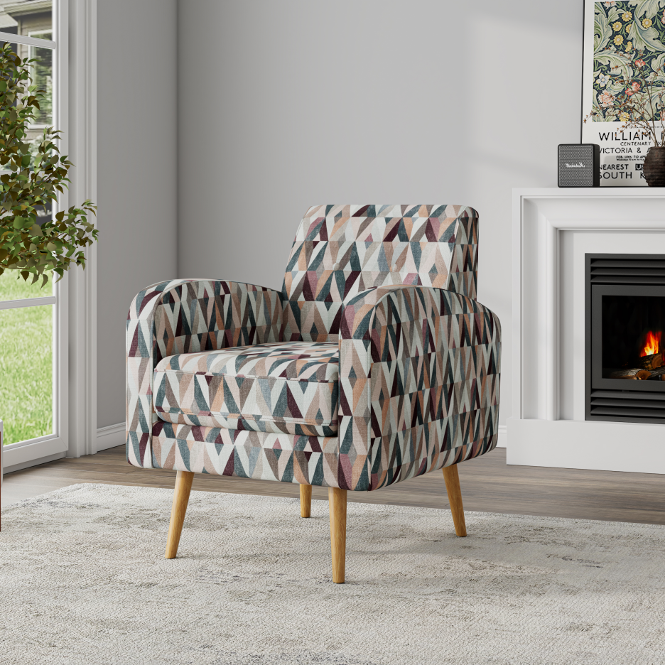 Darien Accent Arm Chair In Red And Tan Prism Pattern With Natural Solid Wood Legs