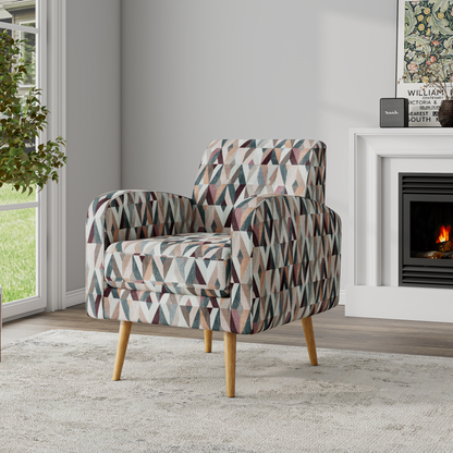 Darien Accent Arm Chair In Red And Tan Prism Pattern With Natural Solid Wood Legs