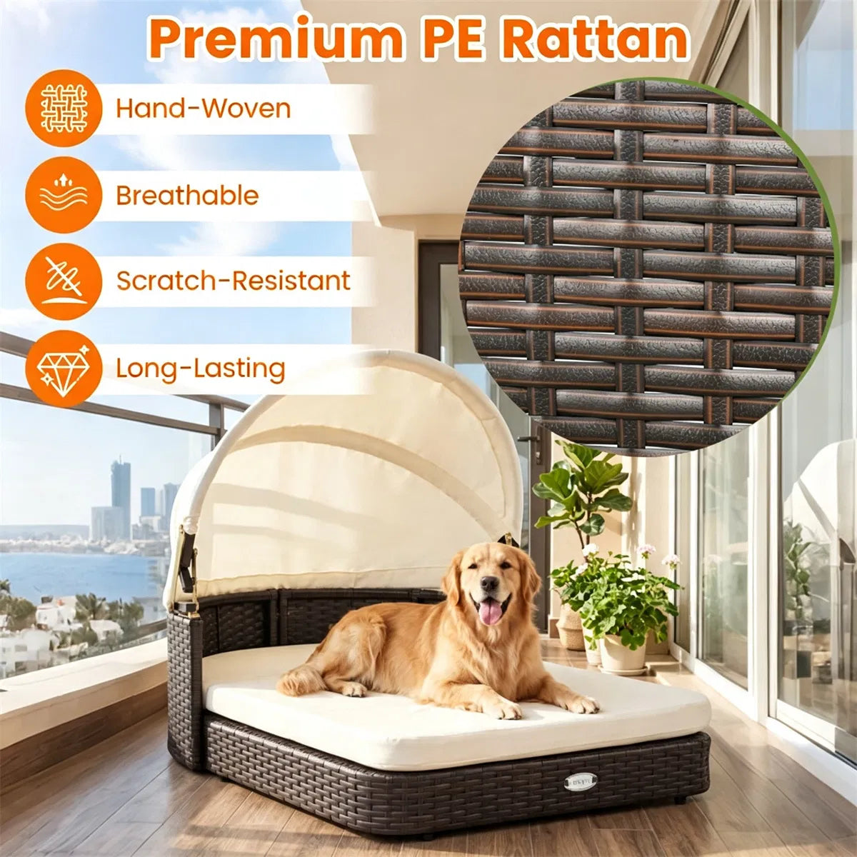 Hand-Woven PE Rattan Dog Bed with Adjustable Canopy, Elevated Outdoor Pet Daybed with Washable Plush Cushion - view 5