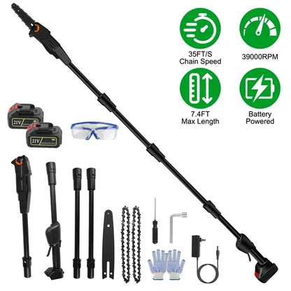 6in Cordless Pole Saw 7.4FT Maximum Extendable Length 35FT S Speed Electric Pole Chainsaw 2Pcs 3.0Ah Batteries