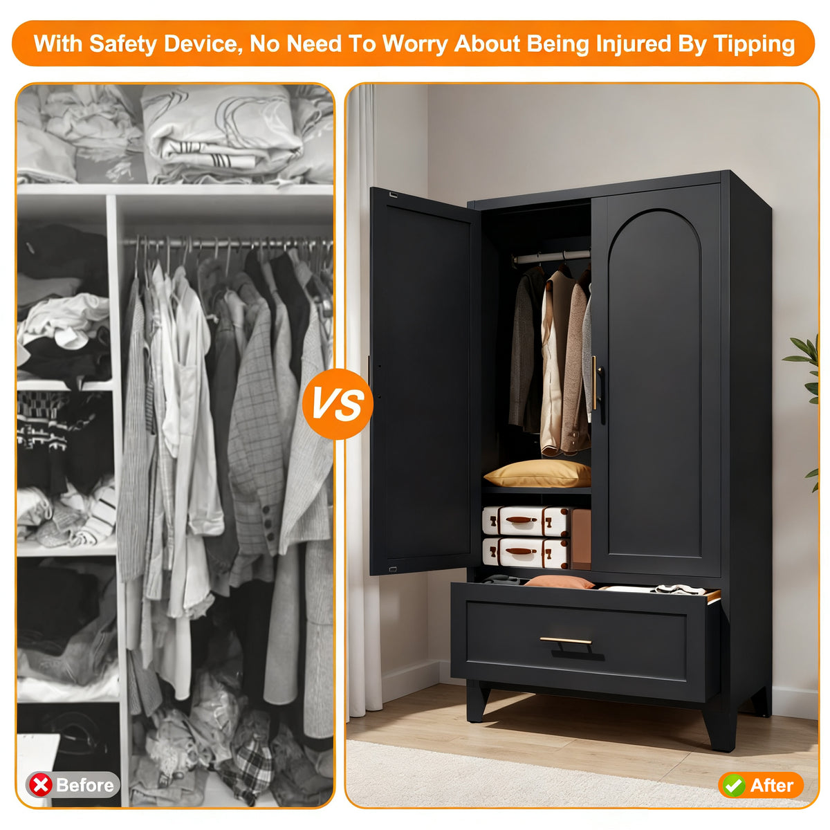 60inch Tall Metal Wardrobe Cabinet With 1 Drawer And Hanging Rod, 2 Doors Wardrobe Closet With Shelf For Bedroom - view 6