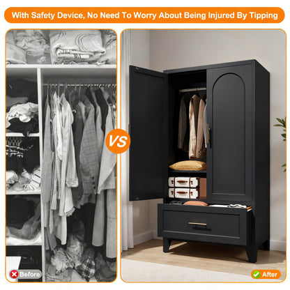 60inch Tall Metal Wardrobe Cabinet With 1 Drawer And Hanging Rod, 2 Doors Wardrobe Closet With Shelf For Bedroom - view 6