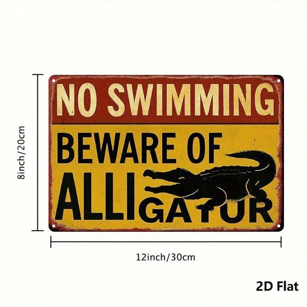 Vintage No Swimming Beware Of Alligator Sign, 8x12 Inch Metal Wall Art - view 2