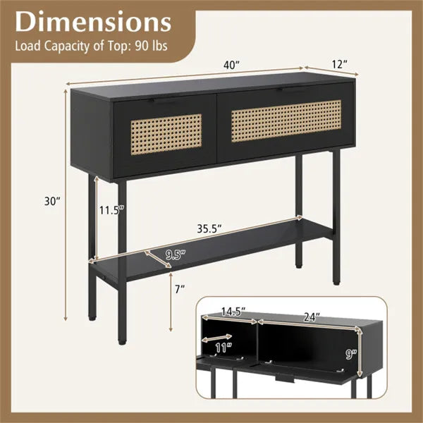 Black Rattan Console Table With Storage Cabinets & Open Shelf, 40 Inch Entryway Table With Sturdy Carbon Steel Frame - view 2