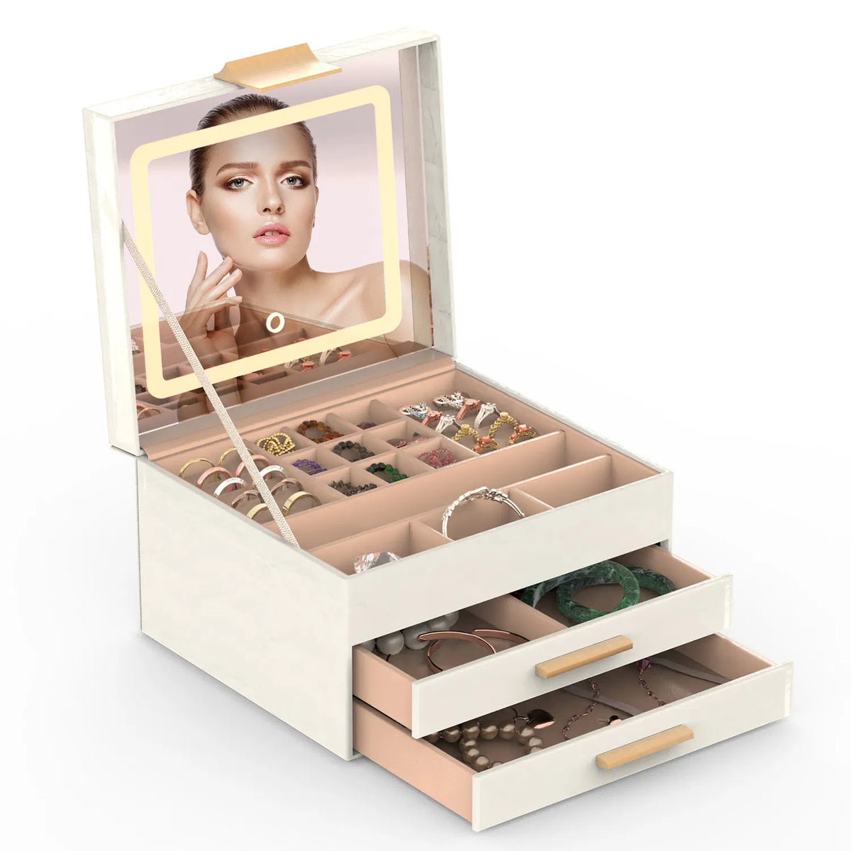 Jewelry Box With LED Mirror 3-Layer Jewelry Organizer With 2 Drawers PU Jewelry Holder With 3 Mirror Light Colors - view 9
