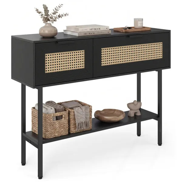Black Rattan Console Table With Storage Cabinets & Open Shelf, 40 Inch Entryway Table With Sturdy Carbon Steel Frame
