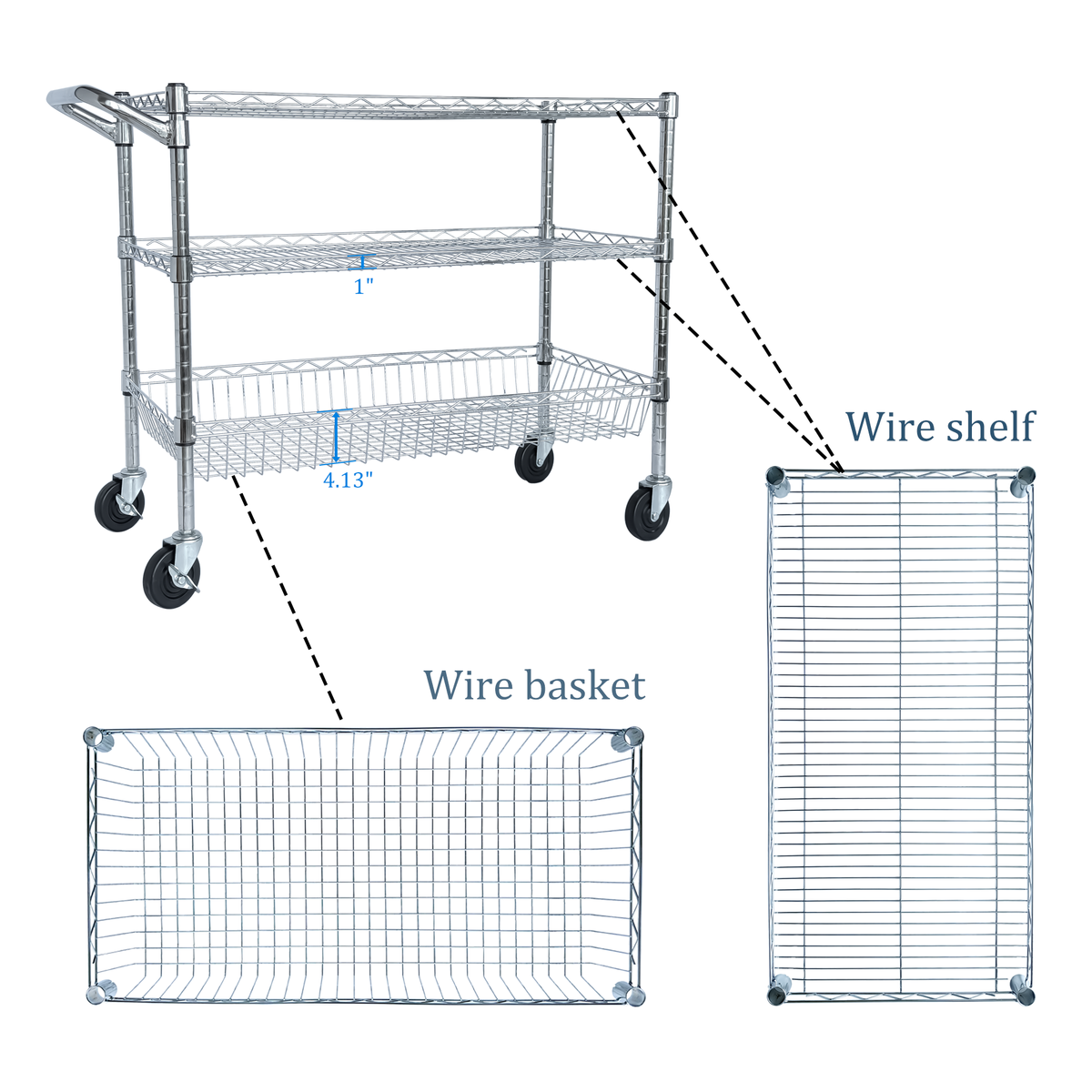 Heavy Duty Rolling Utility Cart,3 Tier Rolling Carts With Wheels,with Handle Bar & Shelf Liners - view 4