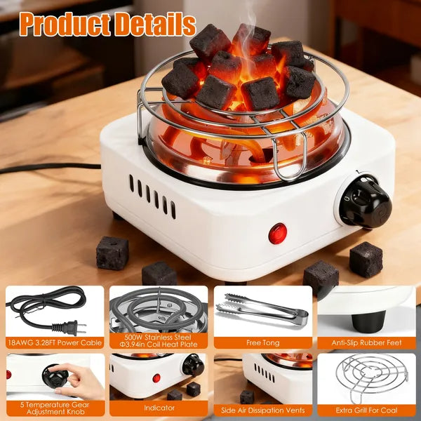 Electric Charcoal Burner 500W Hookah Charcoal Burner Compact Coal Burner For Hooka Cubes Shisha With Grill And Tongs - view 5