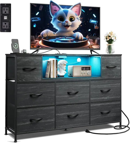 Dresser TV Stand For 45, 50, 55 Inch TV, Entertainment Center With LED Lights & Charging Station