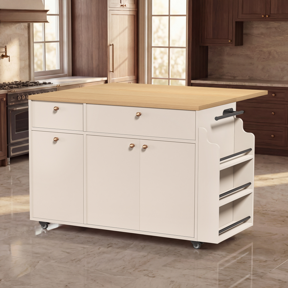 Kitchen Island With Storage Rolling Kitchen Island Cart With Drop Leaf Extension, Natural Wood Top, Drawers, Spice Rack - view 2