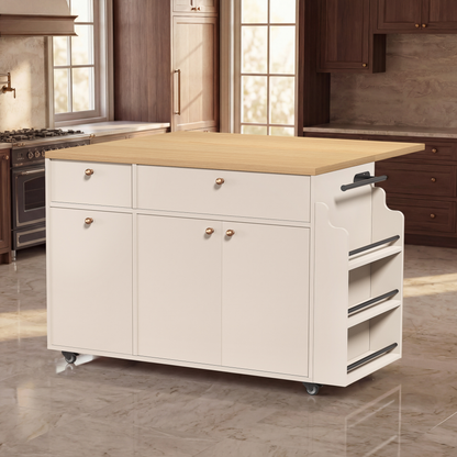 Kitchen Island With Storage Rolling Kitchen Island Cart With Drop Leaf Extension, Natural Wood Top, Drawers, Spice Rack - view 2