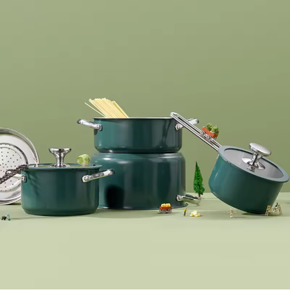 4pcs Stainless Steel Ceramic Coated Pot Set, Including 1 Milk Pot, 2 Stockpots, 1 Non-stick Pan