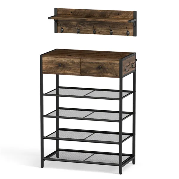 Multifunctional Entryway Storage - 5-Hook Coat Rack 2-Drawer Shoe Stand With 4 Mesh Shelves - view 3