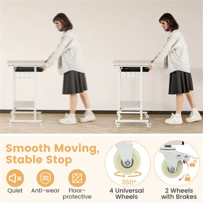 White Mobile Computer Desk With Keyboard Tray & Storage Shelf, 360 Lockable Casters For Home Office - view 6