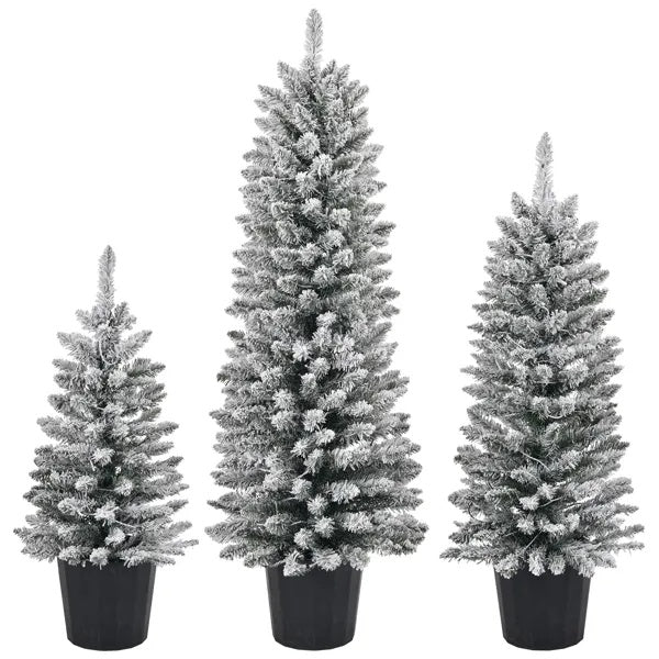 Set Of 3 Pre-lit Xmas Trees With Pot Stands, Snow Flocked Artificial Christmas Trees WithWarm Lights Battery Operated - view 4