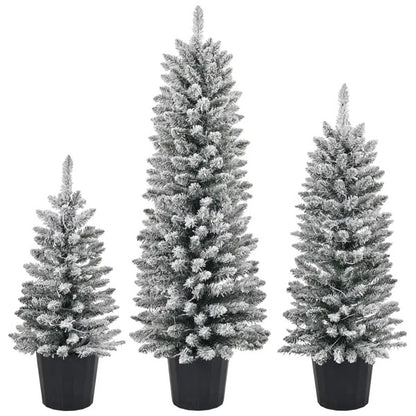 Set Of 3 Pre-lit Xmas Trees With Pot Stands, Snow Flocked Artificial Christmas Trees WithWarm Lights Battery Operated - view 4