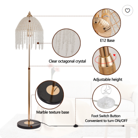 3-Light Elegant Crystal Floor Lamp Vintage Waterfall Design With Cascading Crystal Beads And Marble Texture Base - view 3
