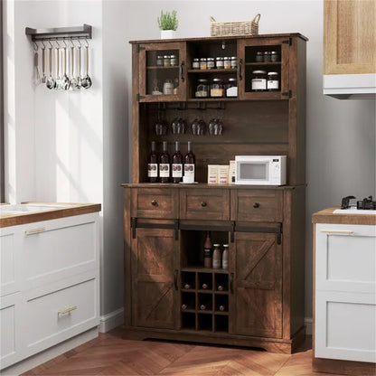 Brown Farmhouse 72" Pantry Cabinet With Hutch, Sliding Barn Doors & Wine Storage Rack - view 3