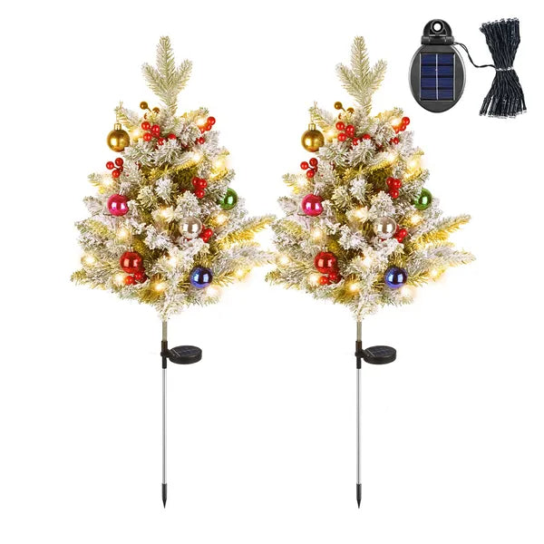 2Pcs Solar Powered Lighted Christmas Tree Urn Filler With Light Artificial Xmas Trees Light With Berries Decor Balls - view 9