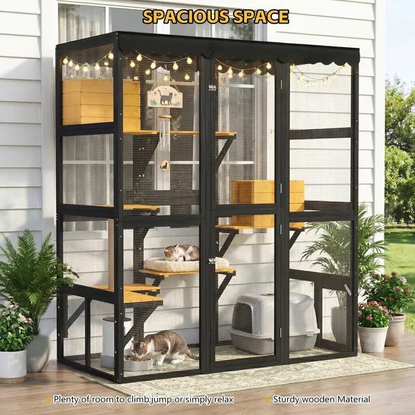 Cat Catio Outdoor Cat Enclosure For Multiple Indoor Outdoor Cats, Large Wooden Walk-in Cat House With Window Connection