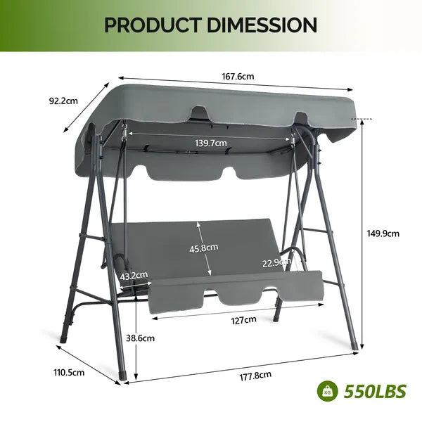 68X43X60 Inch Dark Gray KD Style With Cushion Canopy Iron Oxford Fabric 250kg Iron Swing Set - view 6