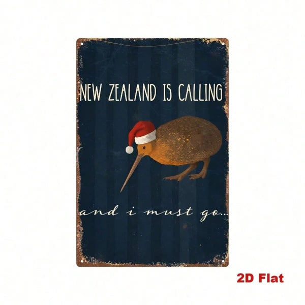 New Zealand Kiwi Metal Sign With Christmas Hat, Vintage 2D Flat Plaque Wall Art - view 4