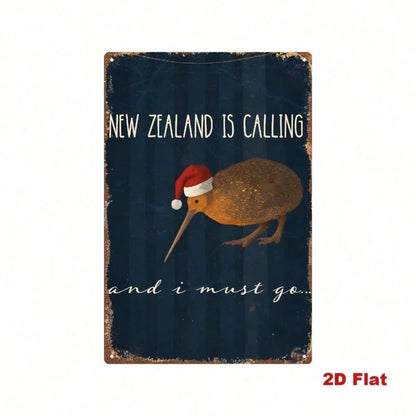 New Zealand Kiwi Metal Sign With Christmas Hat, Vintage 2D Flat Plaque Wall Art - view 4